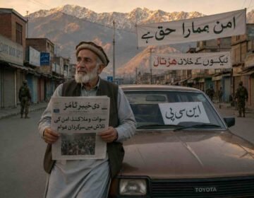 سوات اور ملاکنڈ میں ٹیکسوں اور این سی پی گاڑیوں پر پابندی کے خلاف احتجاج کے دوران اخبار ہاتھ میں لیے ایک بزرگ شہری