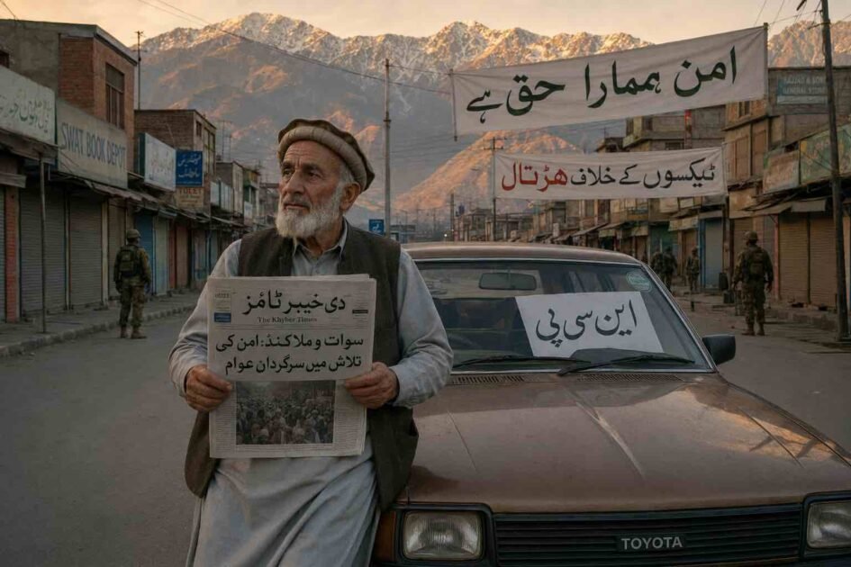 سوات اور ملاکنڈ میں ٹیکسوں اور این سی پی گاڑیوں پر پابندی کے خلاف احتجاج کے دوران اخبار ہاتھ میں لیے ایک بزرگ شہری