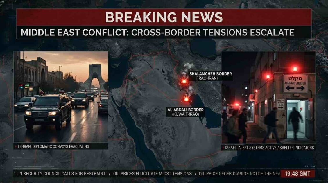 A split-screen news graphic showing an evacuation convoy leaving Tehran at night on the left, and civilians walking past an Israeli bomb shelter entrance on the right.