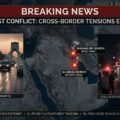 A split-screen news graphic showing an evacuation convoy leaving Tehran at night on the left, and civilians walking past an Israeli bomb shelter entrance on the right.