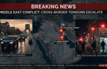 A split-screen news graphic showing an evacuation convoy leaving Tehran at night on the left, and civilians walking past an Israeli bomb shelter entrance on the right.