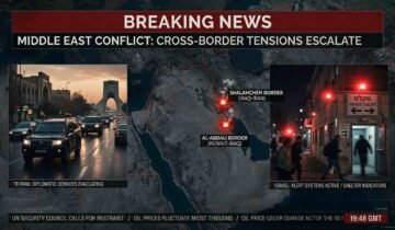 A split-screen news graphic showing an evacuation convoy leaving Tehran at night on the left, and civilians walking past an Israeli bomb shelter entrance on the right.