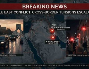 A split-screen news graphic showing an evacuation convoy leaving Tehran at night on the left, and civilians walking past an Israeli bomb shelter entrance on the right.