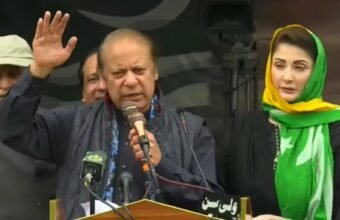 PML-N supreme leader Nawaz Sharif addressing a massive political rally in Muzaffarabad, Azad Kashmir.