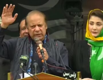 PML-N supreme leader Nawaz Sharif addressing a massive political rally in Muzaffarabad, Azad Kashmir.