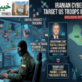 Infographic illustrating Iranian cyber attacks tracking US troops in the Middle East through mobile networks and smartphone digital exhaust, branded by The Khyber Times.
