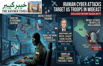 Infographic illustrating Iranian cyber attacks tracking US troops in the Middle East through mobile networks and smartphone digital exhaust, branded by The Khyber Times.