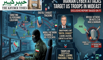 Infographic illustrating Iranian cyber attacks tracking US troops in the Middle East through mobile networks and smartphone digital exhaust, branded by The Khyber Times.