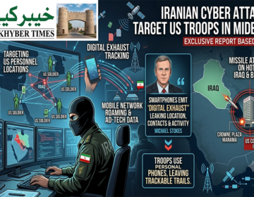 Infographic illustrating Iranian cyber attacks tracking US troops in the Middle East through mobile networks and smartphone digital exhaust, branded by The Khyber Times.