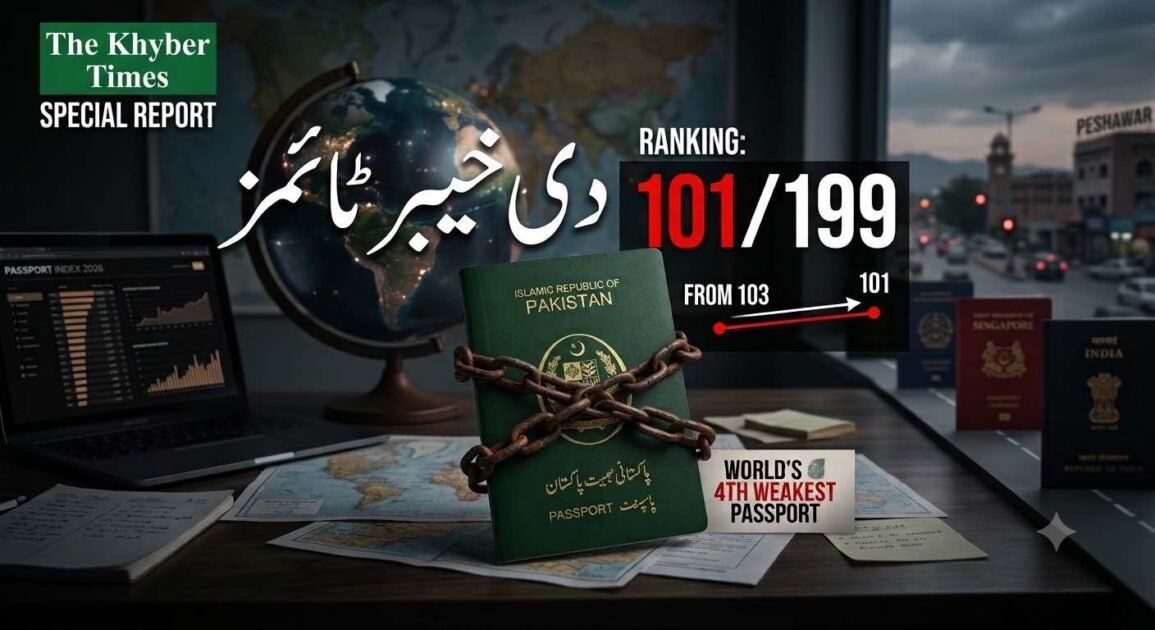 A green Pakistani passport bound with chains on a desk next to a globe, featuring a infographic graphic showing Pakistan's ranking at 101 out of 199 in the Henley Passport Index 2026.