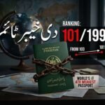 A green Pakistani passport bound with chains on a desk next to a globe, featuring a infographic graphic showing Pakistan's ranking at 101 out of 199 in the Henley Passport Index 2026.