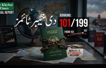 A green Pakistani passport bound with chains on a desk next to a globe, featuring a infographic graphic showing Pakistan's ranking at 101 out of 199 in the Henley Passport Index 2026.