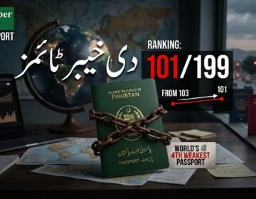 A green Pakistani passport bound with chains on a desk next to a globe, featuring a infographic graphic showing Pakistan's ranking at 101 out of 199 in the Henley Passport Index 2026.