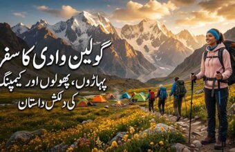 Pakistani male and female trekkers posing with banners at the campsite during the 5,050m Phargam Pass to Golen Trek in Chitral.