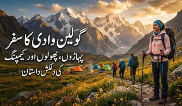 Pakistani male and female trekkers posing with banners at the campsite during the 5,050m Phargam Pass to Golen Trek in Chitral.