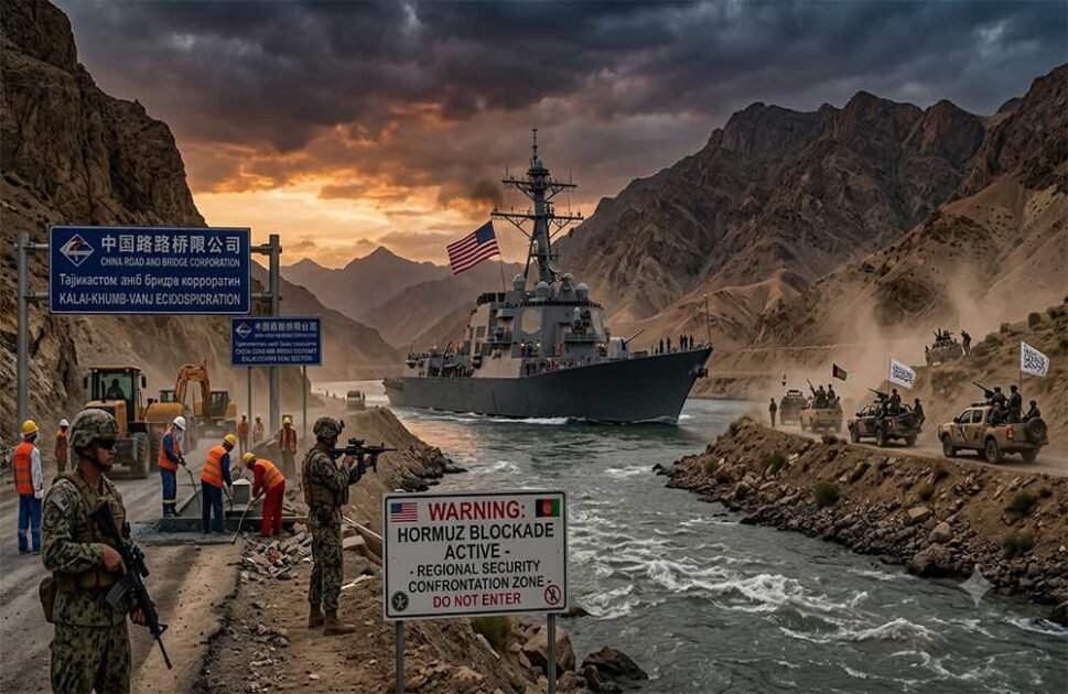 China Tajikistan highway construction site near Afghan border river under heavy security protection