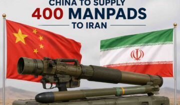 Illustration of portable air defense systems with Chinese and Iranian flags representing reports of a possible MANPADS shipment.