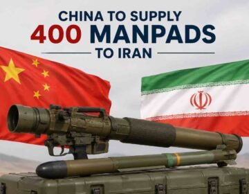 Illustration of portable air defense systems with Chinese and Iranian flags representing reports of a possible MANPADS shipment.