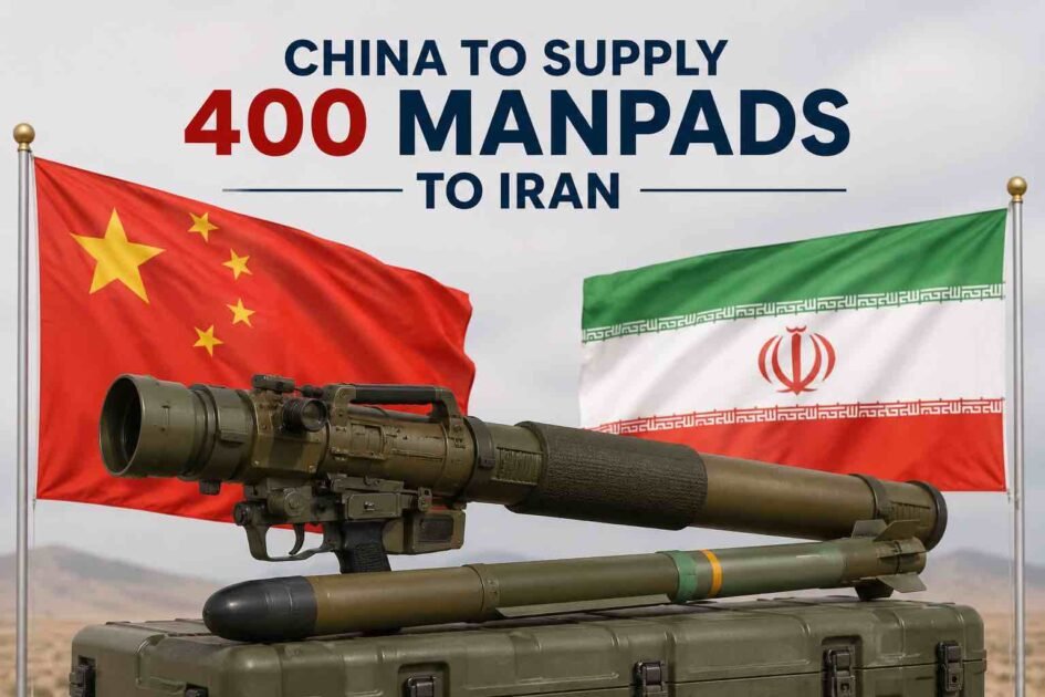 Illustration of portable air defense systems with Chinese and Iranian flags representing reports of a possible MANPADS shipment.