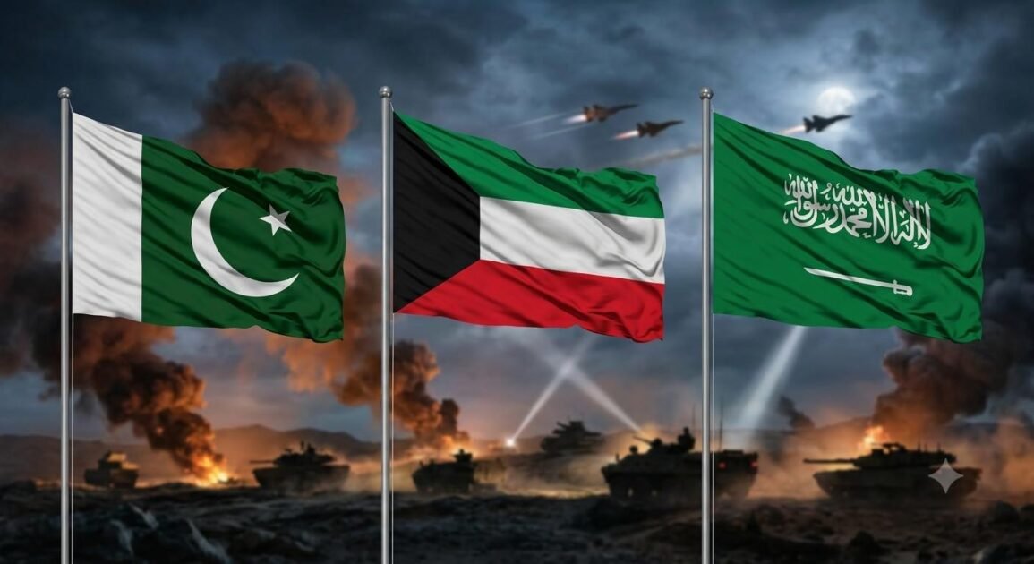 English: Flags of Pakistan, Kuwait, and Saudi Arabia waving in front of a dramatic military battlefield with tanks and fighter jets.