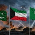 English: Flags of Pakistan, Kuwait, and Saudi Arabia waving in front of a dramatic military battlefield with tanks and fighter jets.