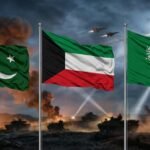 English: Flags of Pakistan, Kuwait, and Saudi Arabia waving in front of a dramatic military battlefield with tanks and fighter jets.