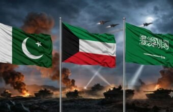 English: Flags of Pakistan, Kuwait, and Saudi Arabia waving in front of a dramatic military battlefield with tanks and fighter jets.