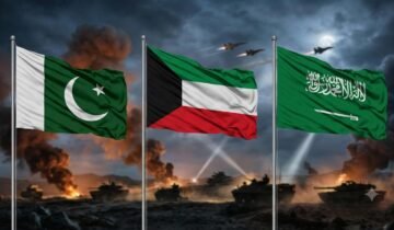 English: Flags of Pakistan, Kuwait, and Saudi Arabia waving in front of a dramatic military battlefield with tanks and fighter jets.