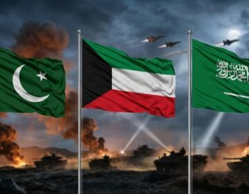 English: Flags of Pakistan, Kuwait, and Saudi Arabia waving in front of a dramatic military battlefield with tanks and fighter jets.