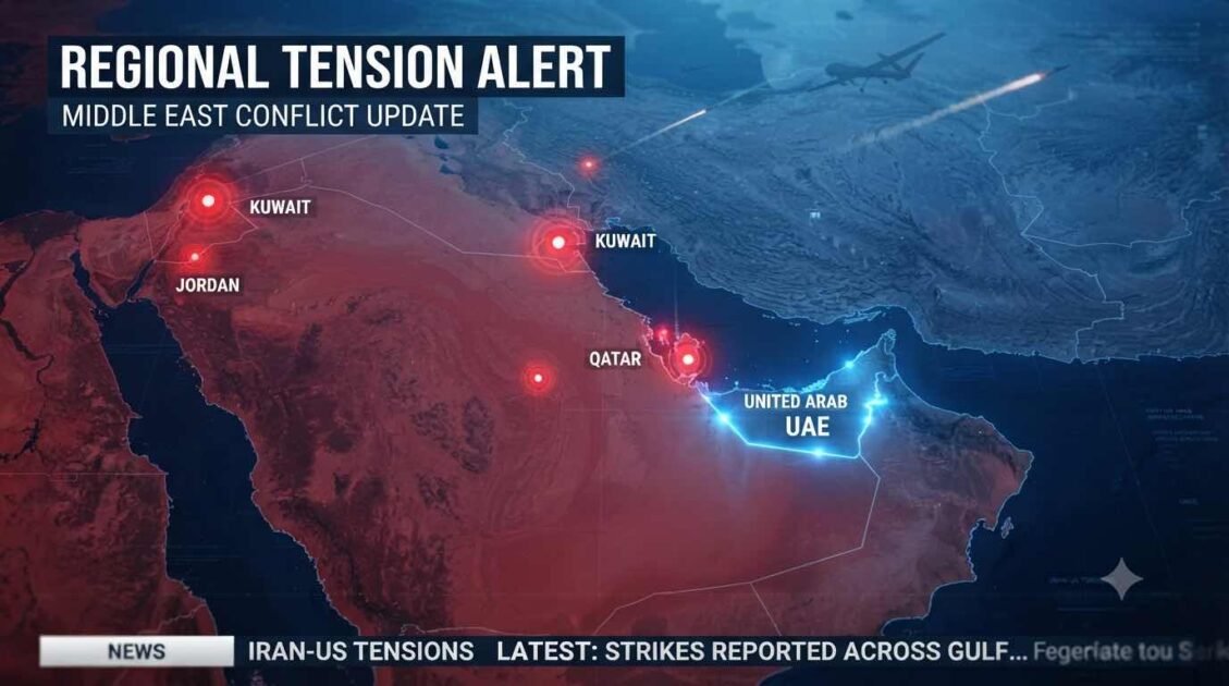 "Digital map of the Middle East showing military tension zones, drone strikes, and geopolitical escalation across Gulf countries."