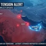 "Digital map of the Middle East showing military tension zones, drone strikes, and geopolitical escalation across Gulf countries."