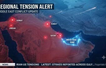 "Digital map of the Middle East showing military tension zones, drone strikes, and geopolitical escalation across Gulf countries."