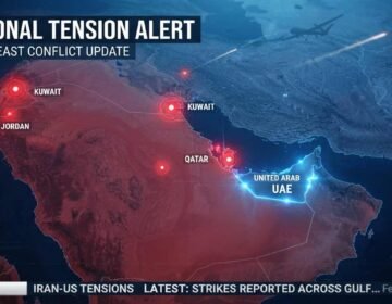 "Digital map of the Middle East showing military tension zones, drone strikes, and geopolitical escalation across Gulf countries."