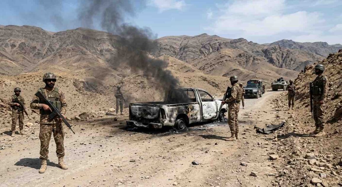 Armed soldiers stand near a heavily burned-out pickup truck with black smoke billowing, on a rugged dirt road in a desert mountain range.