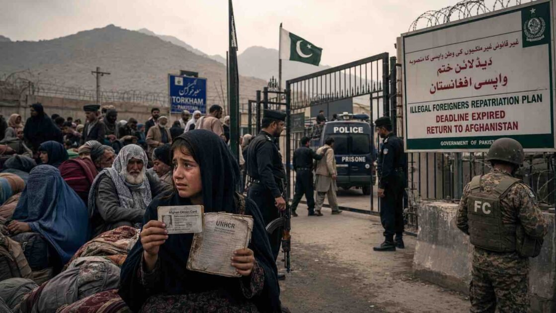 "Documentary photograph at the Torkham border dividing weary Afghan refugee families on the left from Pakistani security forces and a deportation notice on the right, representing the post-deadline repatriation and humanitarian crisis."