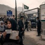 "Documentary photograph at the Torkham border dividing weary Afghan refugee families on the left from Pakistani security forces and a deportation notice on the right, representing the post-deadline repatriation and humanitarian crisis."