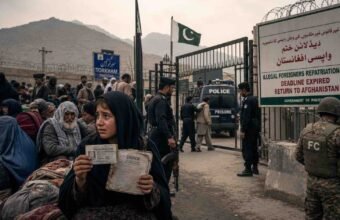 "Documentary photograph at the Torkham border dividing weary Afghan refugee families on the left from Pakistani security forces and a deportation notice on the right, representing the post-deadline repatriation and humanitarian crisis."