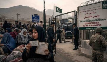 "Documentary photograph at the Torkham border dividing weary Afghan refugee families on the left from Pakistani security forces and a deportation notice on the right, representing the post-deadline repatriation and humanitarian crisis."