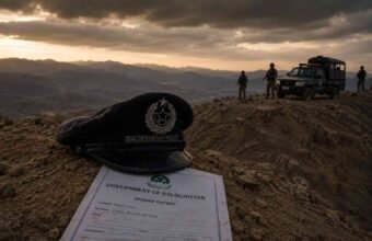 English: Balochistan Police cap on a rocky landscape, symbolizing the security inquiry in Ziarat.زیارت سکیورٹی انکوائری کی علامت کے طور پر چٹانی علاقے پر بلوچستان پولیس کی ٹوپی