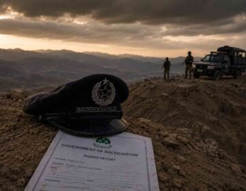 English: Balochistan Police cap on a rocky landscape, symbolizing the security inquiry in Ziarat.زیارت سکیورٹی انکوائری کی علامت کے طور پر چٹانی علاقے پر بلوچستان پولیس کی ٹوپی