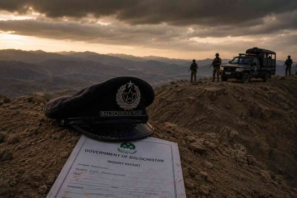 English: Balochistan Police cap on a rocky landscape, symbolizing the security inquiry in Ziarat.زیارت سکیورٹی انکوائری کی علامت کے طور پر چٹانی علاقے پر بلوچستان پولیس کی ٹوپی