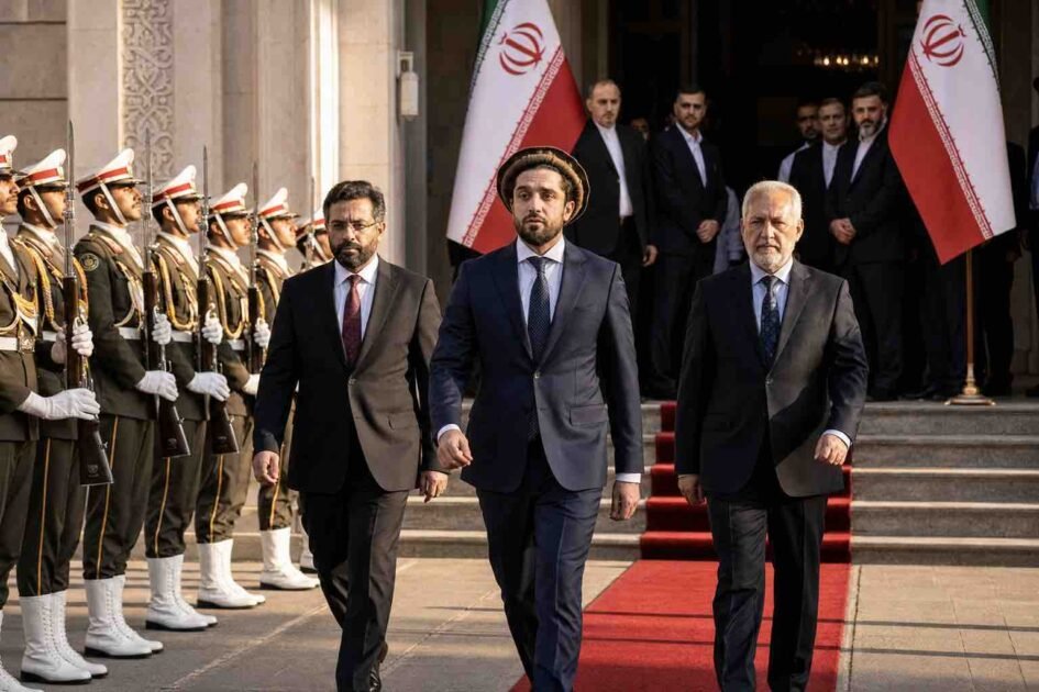 "Ahmad Massoud and the National Resistance Front (NRF) delegation walking on a red carpet at an official government reception in Tehran, flanked by Iranian honor guards."