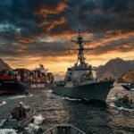 US Navy ship patrolling near cargo vessel in Strait of Hormuz