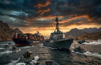 US Navy ship patrolling near cargo vessel in Strait of Hormuz