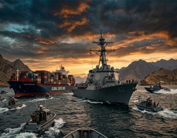 US Navy ship patrolling near cargo vessel in Strait of Hormuz