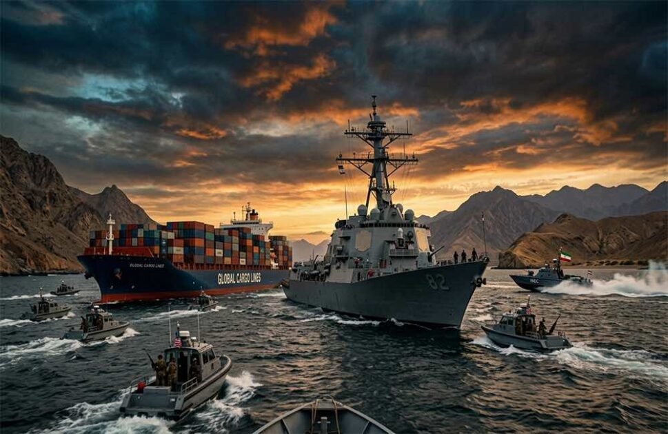 US Navy ship patrolling near cargo vessel in Strait of Hormuz