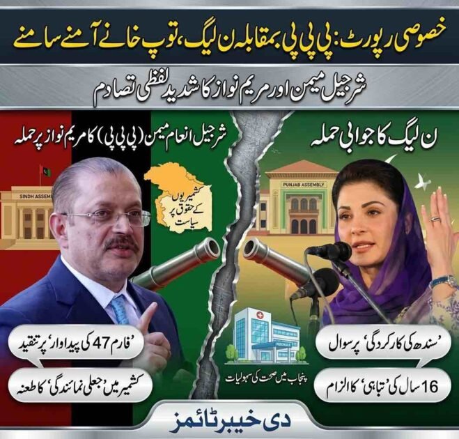 Split featured banner showing Sindh Minister Sharjeel Memon and Punjab CM Maryam Nawaz in a political debate over Form 47 and Kashmir politics.