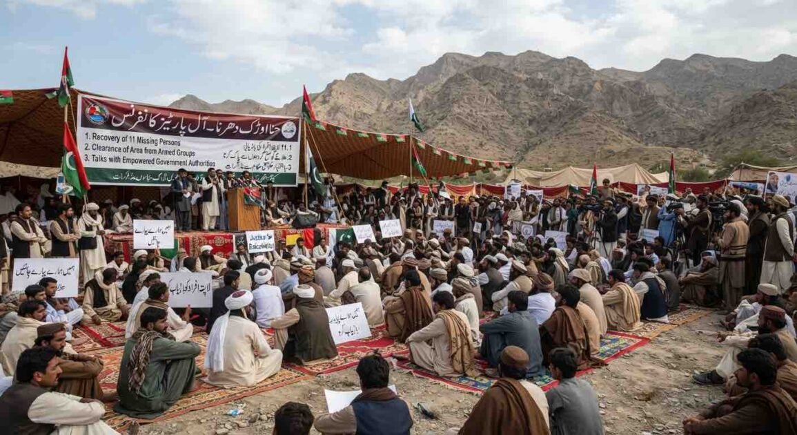 "A wide-angle photograph capturing an 'All Parties Conference' and sit-in held at the foothills of the mountains in the Hanna Urak region of Balochistan. Hundreds of male participants, dressed in traditional Balochi shalwar kameez and turbans, are seated on colorful mats spread on the ground. Behind the stage, a large banner is displayed with the protest's demands written in both Urdu and English: '1. Recovery of 11 Missing Persons', '2. Clearance of Area from Armed Groups', and '3. Talks with Empowered Government Authorities'. A few leaders are standing on the stage, speaking into microphones. Participants are holding placards displaying slogans for the recovery of missing persons. Green and white flags are waving in the air, and an arid mountain range is visible in the background under a cloudy sky."