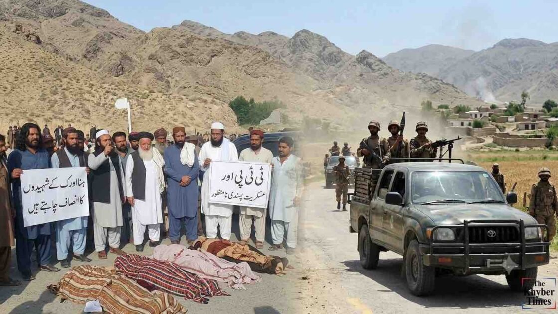 Quetta Hanna Urak clash composite image: Locals with bodies protest TTP militancy (left) and demand justice, as heavily armed security forces in a pickup convoy advance in the Balochistan mountains (right).
