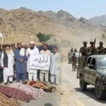 Quetta Hanna Urak clash composite image: Locals with bodies protest TTP militancy (left) and demand justice, as heavily armed security forces in a pickup convoy advance in the Balochistan mountains (right).